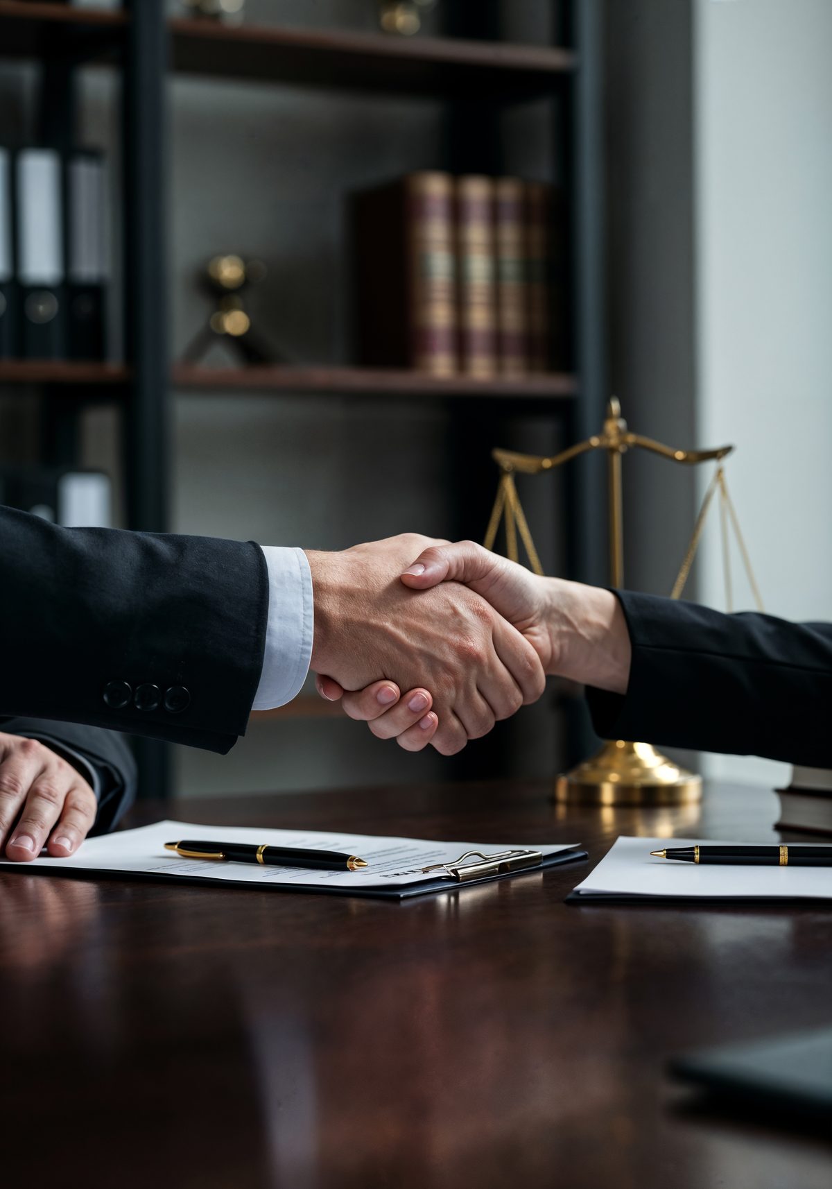 Aperto de mãos após a assinatura de um contrato, sobre a mesa de um escritório de advocacia